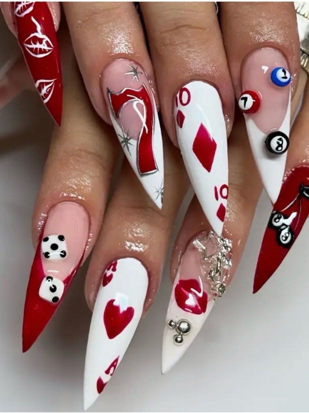 Glam Casino Stiletto Nails — Red, White & Pink Poker Design
